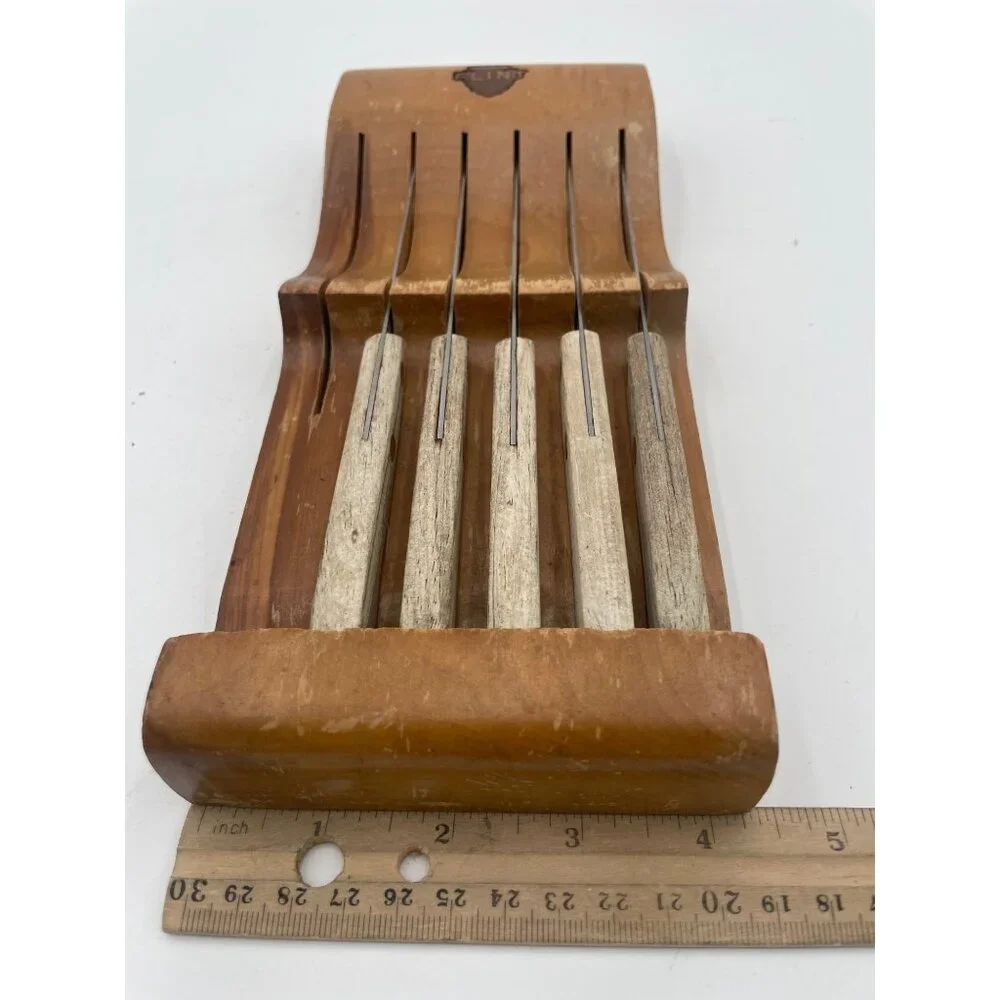 Vintage Flint Stainless Steel Steak Knife Set With Wood Block Holder